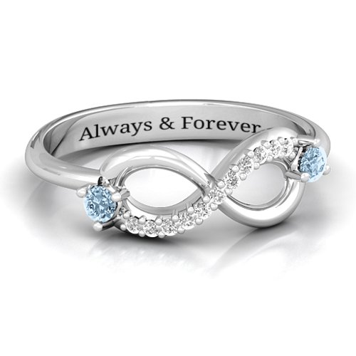 Double Stone Infinity Accent Ring – Sterling Silver with Aquamarine and White Premium Zirconia