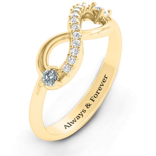 Double Stone Infinity Accent Ring – 10K Yellow Gold with Diamond and White Premium Zirconia