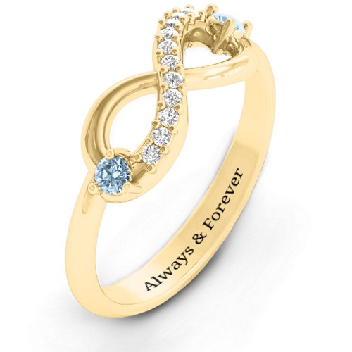 Double Stone Infinity Accent Ring – 10K Yellow Gold with Aquamarine and White Premium Zirconia