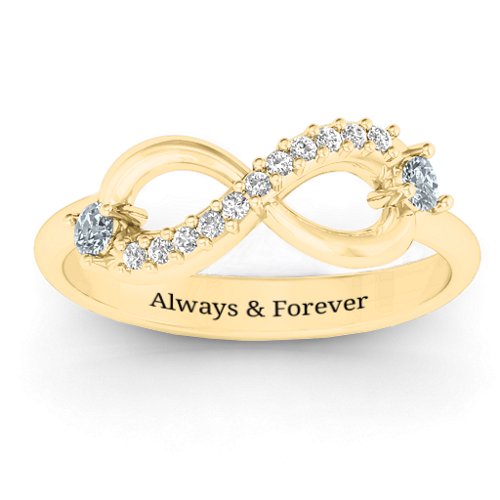 Double Stone Infinity Accent Ring – 10K Yellow Gold with Diamond and White Premium Zirconia