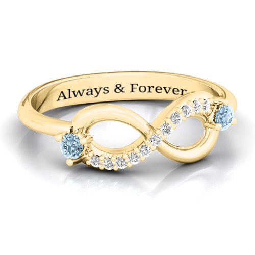 Double Stone Infinity Accent Ring – 10K Yellow Gold with Aquamarine and White Premium Zirconia