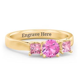 Three Stone Eternity with Princess Accents Ring in 10K Solid Yellow Gold with Pink Sapphire and Pink Tourmaline