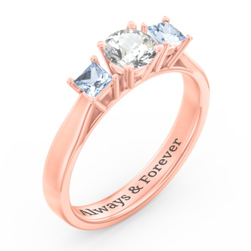 Three Stone Eternity with Princess Accents Ring – 10K Rose Gold with Cubic Zirconia and Aquamarine