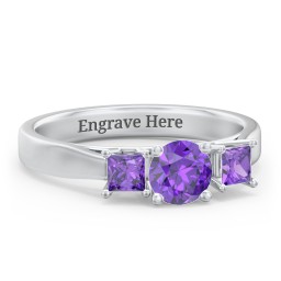 Three Stone Eternity with Princess Accents Ring in 925 Sterling Silver with Amethyst