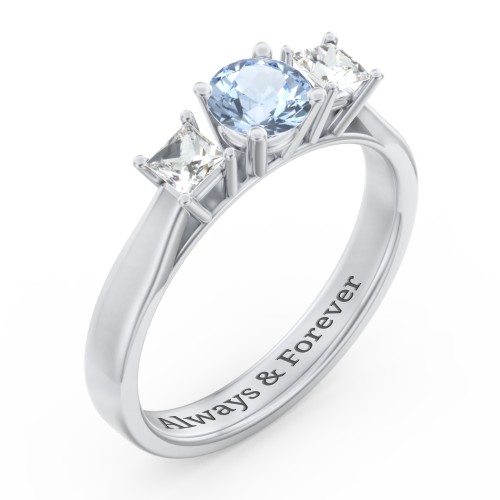 Three Stone Eternity with Princess Accents Ring – Sterling Silver with Aquamarine and Cubic Zirconia