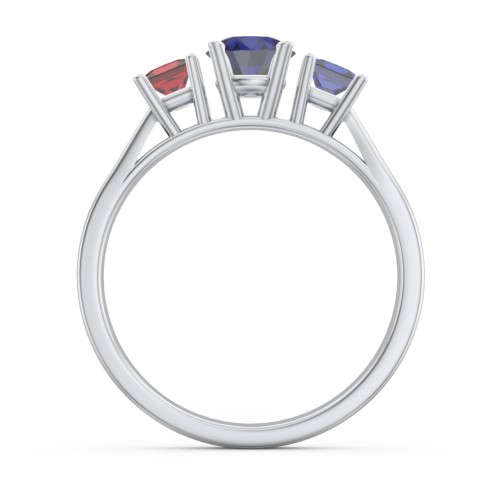 Three Stone Eternity with Princess Accents Ring – Sterling Silver with Blue Sapphire and Garnet