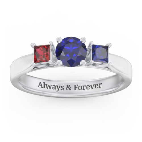 Three Stone Eternity with Princess Accents Ring – Sterling Silver with Blue Sapphire and Garnet