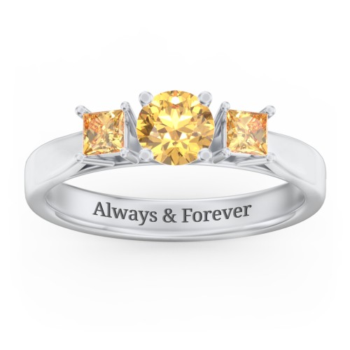 Three Stone Eternity with Princess Accents Ring – Sterling Silver with Citrine