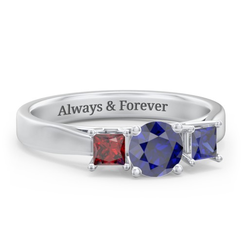 Three Stone Eternity with Princess Accents Ring – Sterling Silver with Blue Sapphire and Garnet