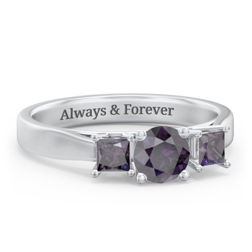 Three Stone Eternity with Princess Accents Ring – Sterling Silver with Alexandrite