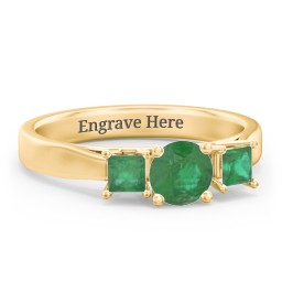 Three Stone Eternity with Princess Accents Ring in 10K Solid Yellow Gold with Emerald