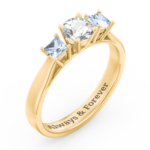 Three Stone Eternity with Princess Accents Ring – 10K Yellow Gold with Cubic Zirconia and Aquamarine
