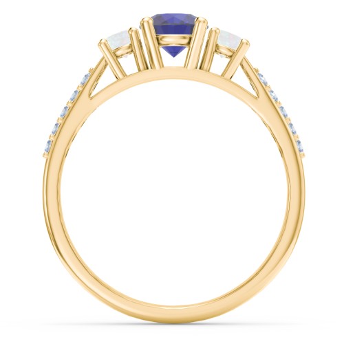 Three Stone Eternity Ring with Twin Accent Rows – 14K Yellow Gold with Blue Sapphire, Opal, and Fancy Blue Premium Zirconia
