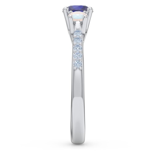 Three Stone Eternity Ring with Twin Accent Rows – Sterling Silver with Blue Sapphire, Opal, and Fancy Blue Premium Zirconia