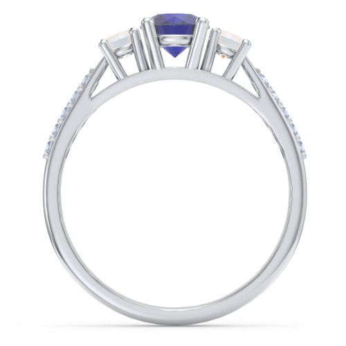 Three Stone Eternity Ring with Twin Accent Rows – Sterling Silver with Blue Sapphire, Opal, and Fancy Blue Premium Zirconia