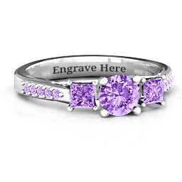 Three Stone Eternity Ring with Twin Accent Rows in 925 Sterling Silver with Amethyst and Amethyst Premium Zirconia