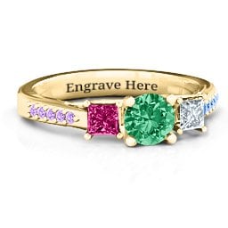 Three Stone Eternity Ring with Twin Accent Rows in 10K Solid Yellow Gold with Emerald, Ruby, Cubic Zirconia, Amethyst Premium Zirconia, and Fancy Blue Premium Zirconia