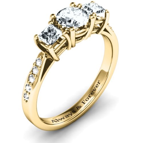 Three Stone Eternity Ring with Twin Accent Rows – 10K Yellow Gold with Diamond, Cubic Zirconia, and White Premium Zirconia