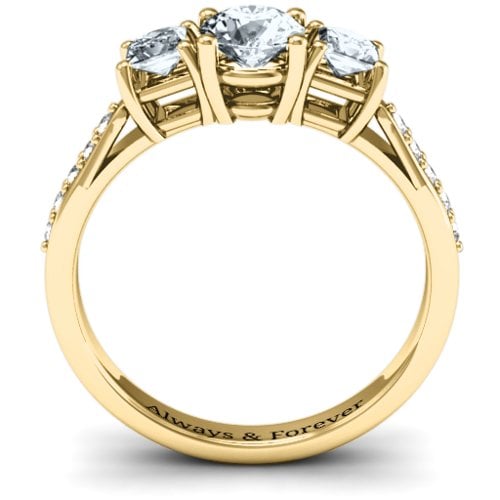 Three Stone Eternity Ring with Twin Accent Rows – 10K Yellow Gold with Diamond, Cubic Zirconia, and White Premium Zirconia