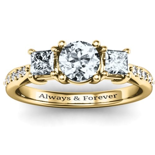 Three Stone Eternity Ring with Twin Accent Rows – 10K Yellow Gold with Diamond, Cubic Zirconia, and White Premium Zirconia