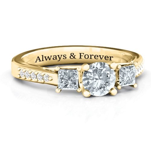 Three Stone Eternity Ring with Twin Accent Rows – 10K Yellow Gold with Diamond, Cubic Zirconia, and White Premium Zirconia