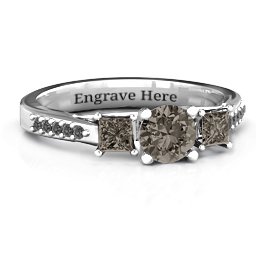 Three Stone Eternity Ring with Twin Accent Rows in 925 Sterling Silver with Smokey Quartz and Black Premium Zirconia