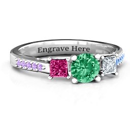 Three Stone Eternity Ring with Twin Accent Rows in 925 Sterling Silver with Emerald, Ruby, Cubic Zirconia, Amethyst Premium Zirconia, and Fancy Blue Premium Zirconia