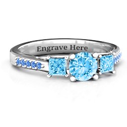Three Stone Eternity Ring with Twin Accent Rows in 925 Sterling Silver with Blue Topaz and Fancy Blue Premium Zirconia