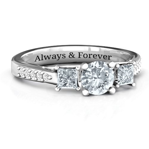Three Stone Eternity Ring with Twin Accent Rows – Sterling Silver with Cubic Zirconia and White Premium Zirconia