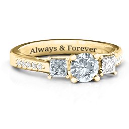 Three Stone Eternity Ring with Twin Accent Rows in 10K Solid Yellow Gold with Diamond and White Premium Zirconia