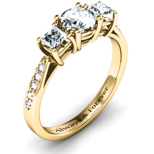 Three Stone Eternity Ring with Twin Accent Rows – 10K Yellow Gold with Diamond, Cubic Zirconia, and White Premium Zirconia