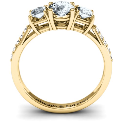 Three Stone Eternity Ring with Twin Accent Rows – 10K Yellow Gold with Diamond, Cubic Zirconia, and White Premium Zirconia