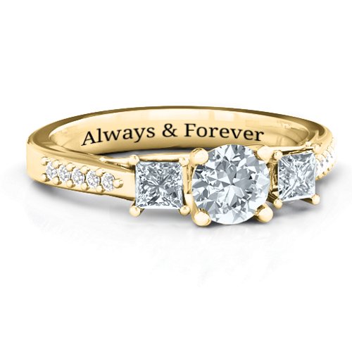 Three Stone Eternity Ring with Twin Accent Rows – 10K Yellow Gold with Diamond, Cubic Zirconia, and White Premium Zirconia