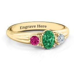 Three Stone Oval Centre Ring in 10K Solid Yellow Gold with Emerald, Ruby, and Cubic Zirconia