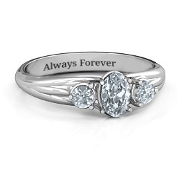 Three Stone Oval Centre Ring in 925 Sterling Silver with Diamond