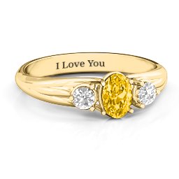 Three Stone Oval Centre Ring in 10K Solid Yellow Gold with Golden Yellow Premium Zirconia and White Premium Zirconia