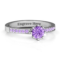 8 Prong Set Solitaire Ring with Shoulder Accents in 925 Sterling Silver with Amethyst and Amethyst Premium Zirconia