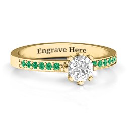 8 Prong Set Solitaire Ring with Shoulder Accents in 14K Solid Yellow Gold with White Premium Zirconia and Green Premium Zirconia