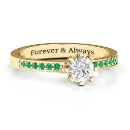 8 Prong Set Solitaire Ring with Shoulder Accents in 10K Solid Yellow Gold with White Premium Zirconia and Green Premium Zirconia