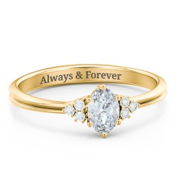 Solitaire Oval with Triple Accents Ring in 10K Solid Yellow Gold with Diamond and Cubic Zirconia