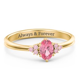 Solitaire Oval with Triple Accents Ring in 10K Solid Yellow Gold with Pink Tourmaline, Fancy Pink Premium Zirconia, and Cubic Zirconia