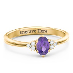 Solitaire Oval with Triple Accents Ring in 14K Solid Yellow Gold with Amethyst and White Premium Zirconia