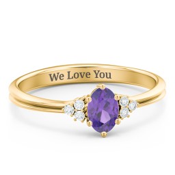 Solitaire Oval with Triple Accents Ring in 18K Gold Plated Silver with Amethyst and White Premium Zirconia