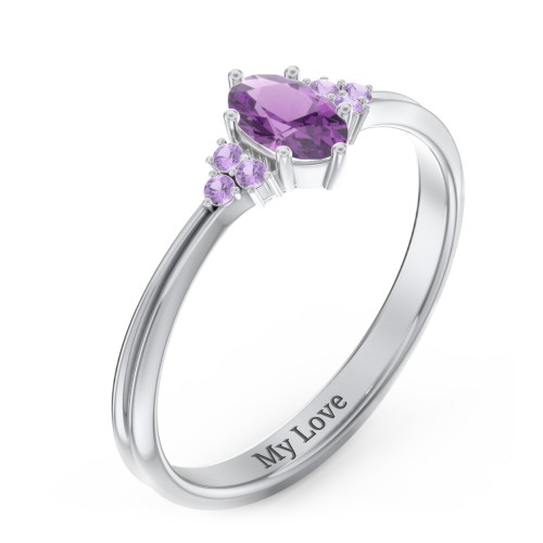 Solitaire Oval with Triple Accents Ring – Sterling Silver with Amethyst and Amethyst Premium Zirconia
