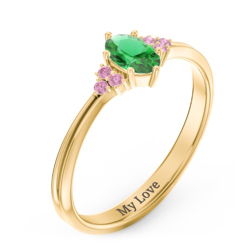 Solitaire Oval with Triple Accents Ring – 18K Gold Plated Silver with Emerald and Red Premium Zirconia