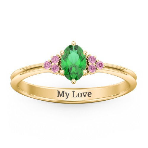 Solitaire Oval with Triple Accents Ring – 18K Gold Plated Silver with Emerald and Red Premium Zirconia