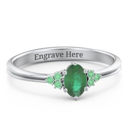 Solitaire Oval with Triple Accents Ring in 925 Sterling Silver with Emerald, Green Premium Zirconia, and Diamond