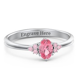 Solitaire Oval with Triple Accents Ring in 925 Sterling Silver with Pink Tourmaline, Fancy Pink Premium Zirconia, and Diamond