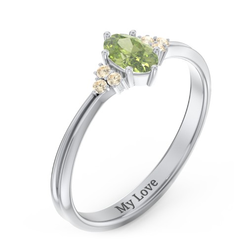 Solitaire Oval with Triple Accents Ring – Sterling Silver with Peridot and Fancy Yellow Premium Zirconia