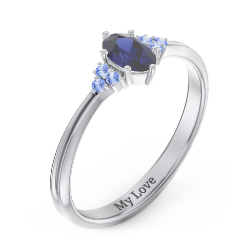 Solitaire Oval with Triple Accents Ring – Sterling Silver with Blue Sapphire and Fancy Blue Premium Zirconia
